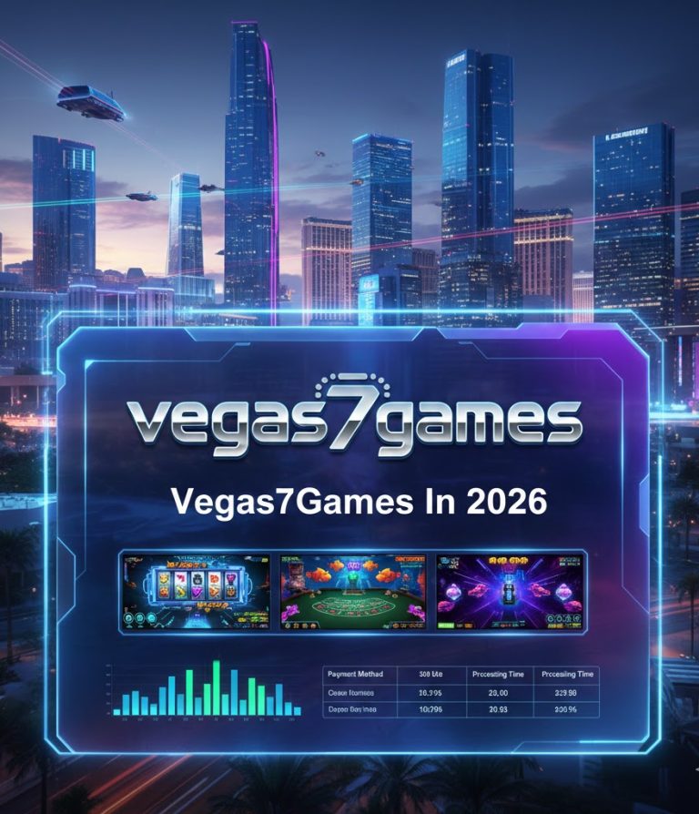 Vegas7Games 2026 overview showing an online casino platform with 270+ web-based games including slots, table games, video poker, and fish games, browser-based access, operator-dependent registration and payments, bonus structures, mobile compatibility across iOS, Android, and PCs, security features with encryption and RNG, charts showing game category distribution and deposit processing times, tables detailing registration steps, device compatibility, and customer support channels, plus FAQs on legality, withdrawals, deposits, and jackpots.