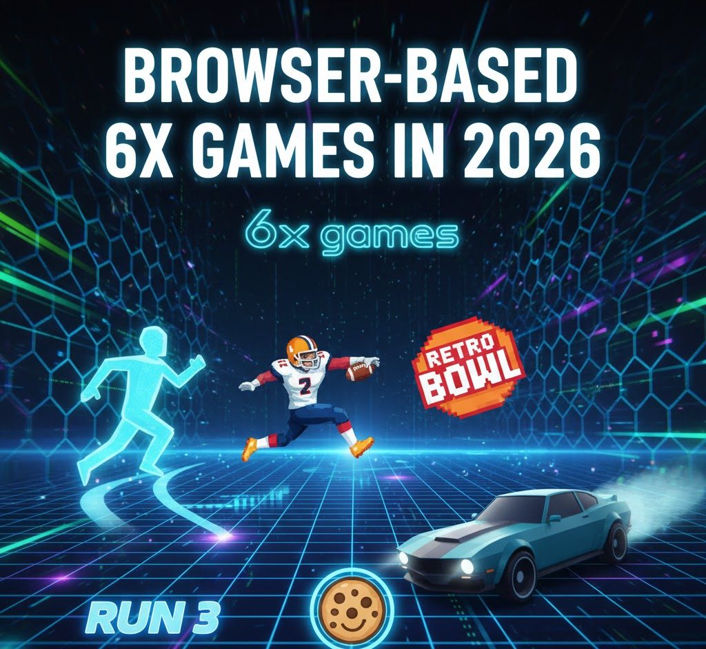Infographic-style image titled “Browser-Based 6X GAMES in 2026” showing a laptop and Chromebook with colorful HTML5 game screens (Run 3, Slope, Retro Bowl), fast loading speed icon, no-download badge, and charts highlighting student (52%), office (28%), and casual gamer (20%) user segments.