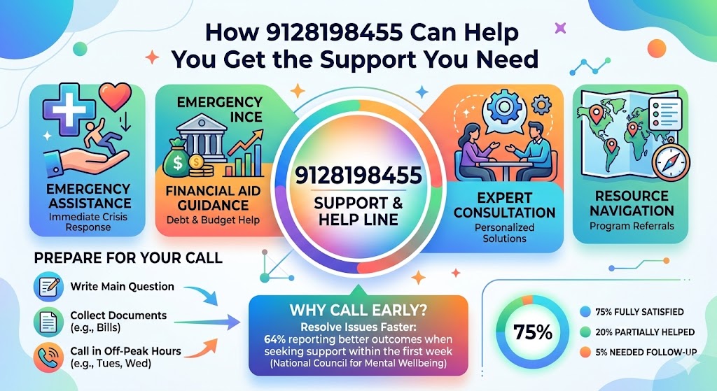 Infographic-style guide explaining how calling 9128198455 provides emergency assistance, financial aid guidance, expert consultations, resource navigation, caller satisfaction rates, and tips for preparing before contacting the support line.