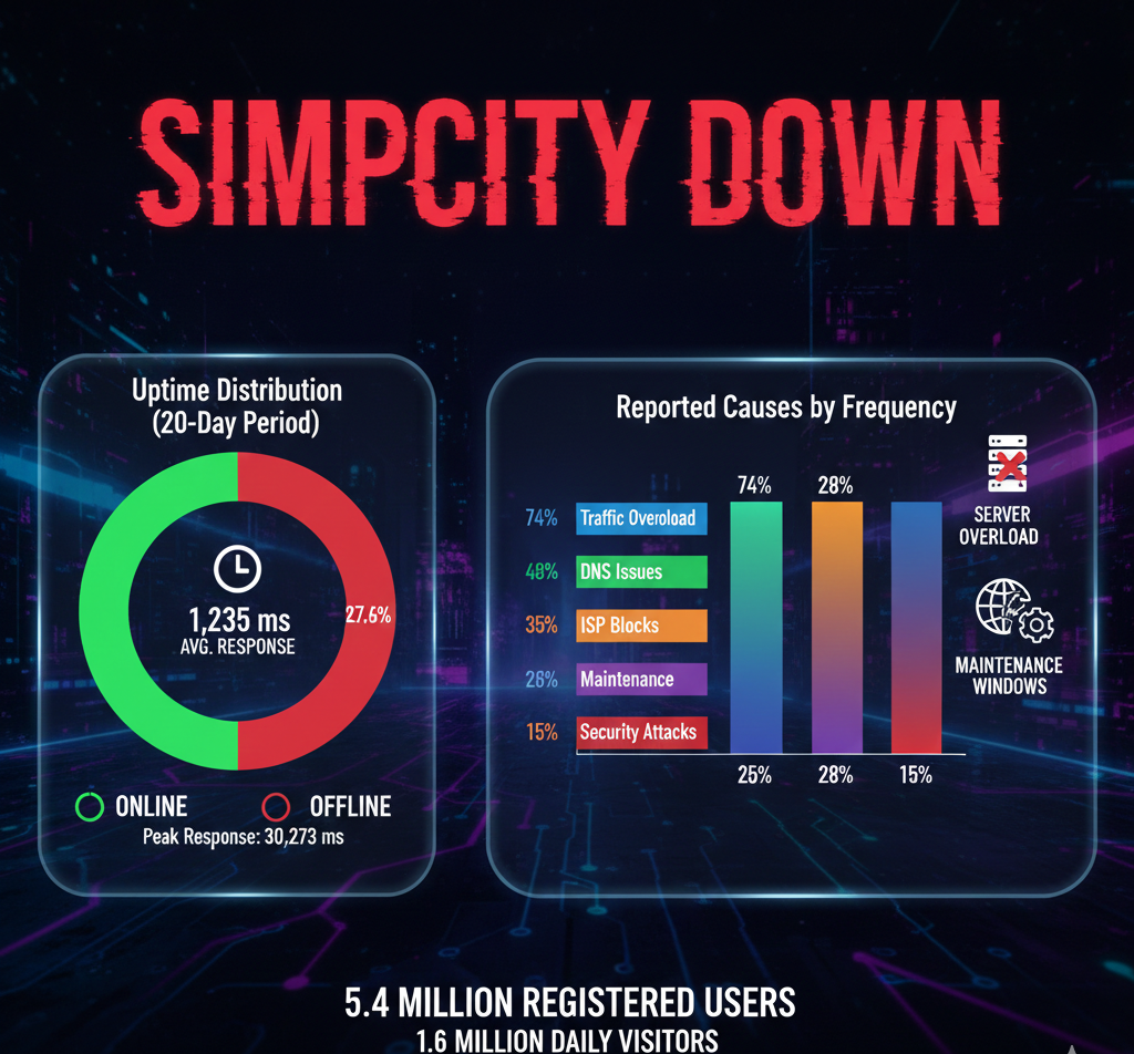Simpcity.su uptime dashboard showing 72.4% online rate, outage causes, and server response time statistics.