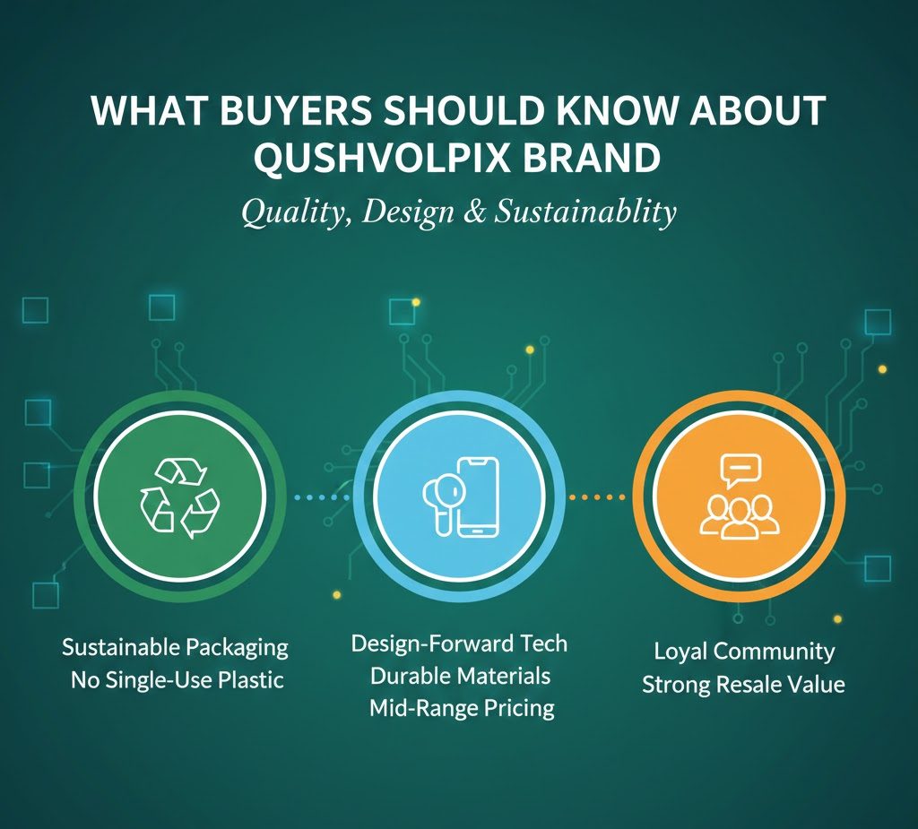 “What Buyers Should Know About Qushvolpix Brand” showing production breakdown bars, price range chart, buyer demographics donut chart, and key details on design, durability, pricing, and sustainability.