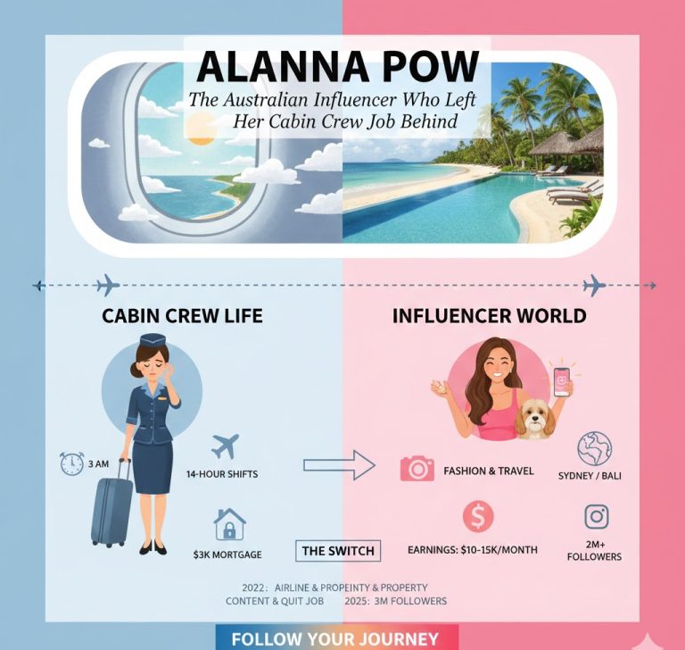Portrait of Australian influencer Alanna Pow, former cabin crew turned Instagram creator, known for fashion, travel, and lifestyle content.