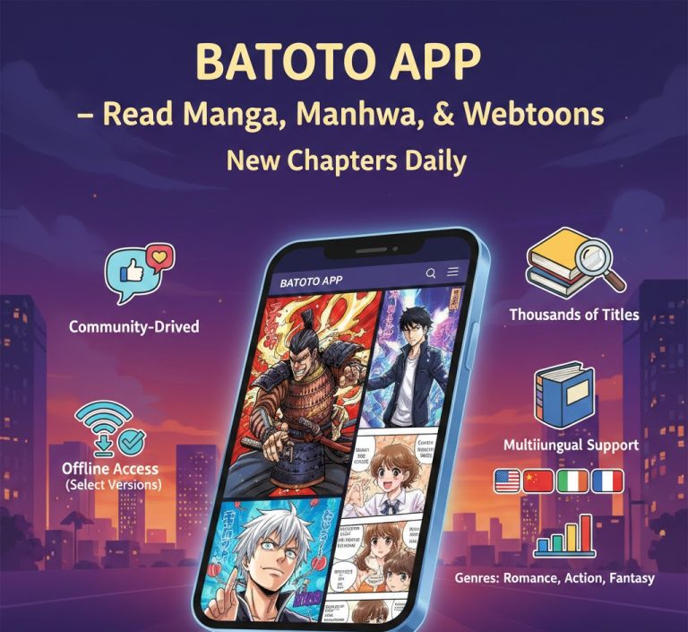 Comprehensive infographic titled “Batoto App – Read Manga, Manhwa & Webtoons” showing genre popularity bar chart (romance 23%, action 20%, fantasy 18%), feature comparison table vs MangaDex and Tachiyomi, platform timeline from 2011 launch to 2026 mirrors, and donut chart of content origins (Korean manhwa 38%, Japanese manga 30%, Chinese manhua 20%, other 12%).