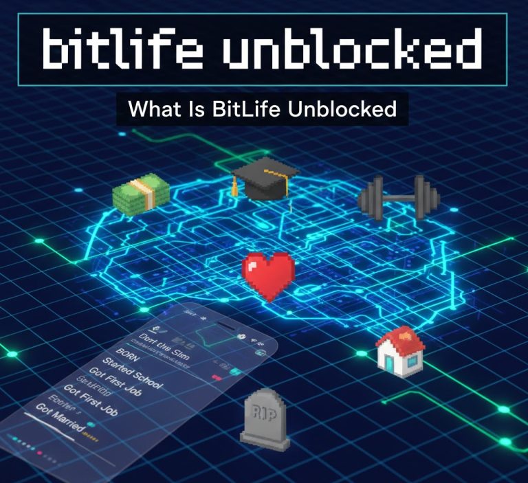 Article titled “What Is BitLife Unblocked” explaining the browser-based version of BitLife by Candywriter LLC, how it bypasses school/work filters, step-by-step gameplay overview, feature tables, stat breakdown charts, comparison with the mobile app (Bitizenship and God Mode), tips for better runs, and FAQs on safety, saving progress, and cost.