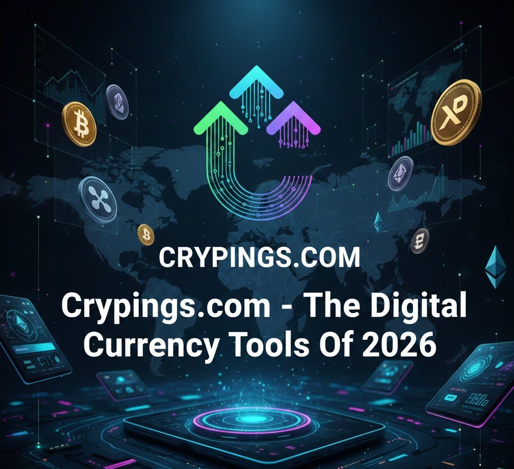 Detailed 2026 overview of Crypings.com digital currency tools featuring real-time crypto price tracking, top 5 cryptocurrency market cap bar chart (Bitcoin, Ethereum, BNB, Solana, XRP), feature comparison tables, subscription tier pricing chart, security protocols, portfolio monitoring, tax reporting tools, and platform roadmap.