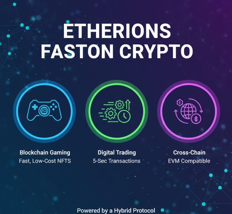 Long-form infographic titled “Etherions Faston Crypto: Blockchain Gaming and Digital Trading” featuring comparison tables of network capabilities, vertical bar charts comparing transaction speeds (FCE 5s vs Ethereum, Solana, BSC, Bitcoin), horizontal bar charts of average transaction fees (FCE $0.002 lowest), energy consumption comparison chart (FCE low vs Bitcoin high), and sections covering DeFi, NFTs, gaming, sustainability, risks, and FAQs.