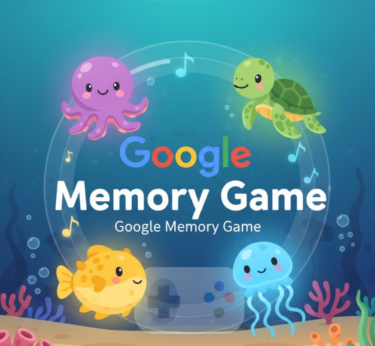 Detailed guide to the Google Memory Game, showing how the Simon-style ocean animal game works, step-by-step gameplay instructions, feature highlights, strategy tips, educational benefits, and a bar chart illustrating score progression by practice sessions.