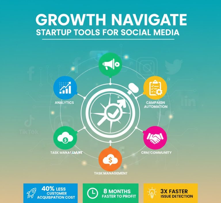Article-style infographic on “Growth Navigate Startup Tools for Social Media” featuring startup performance comparison bars (faster profitability, lower customer acquisition cost, quicker issue detection), tool category tables (CRM, analytics, automation, task management, finance), adoption rate bar charts for 2026, and guidance on selecting cost-effective startup software stacks.