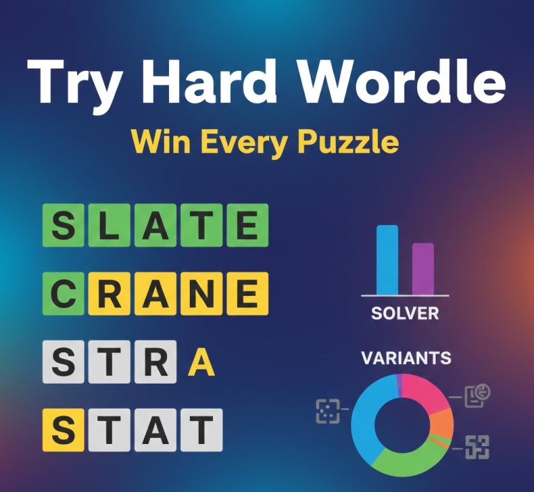 Try Hard Wordle strategy guide showing solver tools, best starting words, and charts for difficulty trends and variant popularity.
