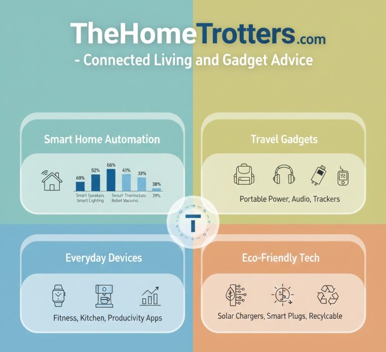 Infographic highlighting TheHomeTrotters.com gadget advice, smart home adoption stats, travel gear reviews, eco-friendly tech, and global smart home market projections.