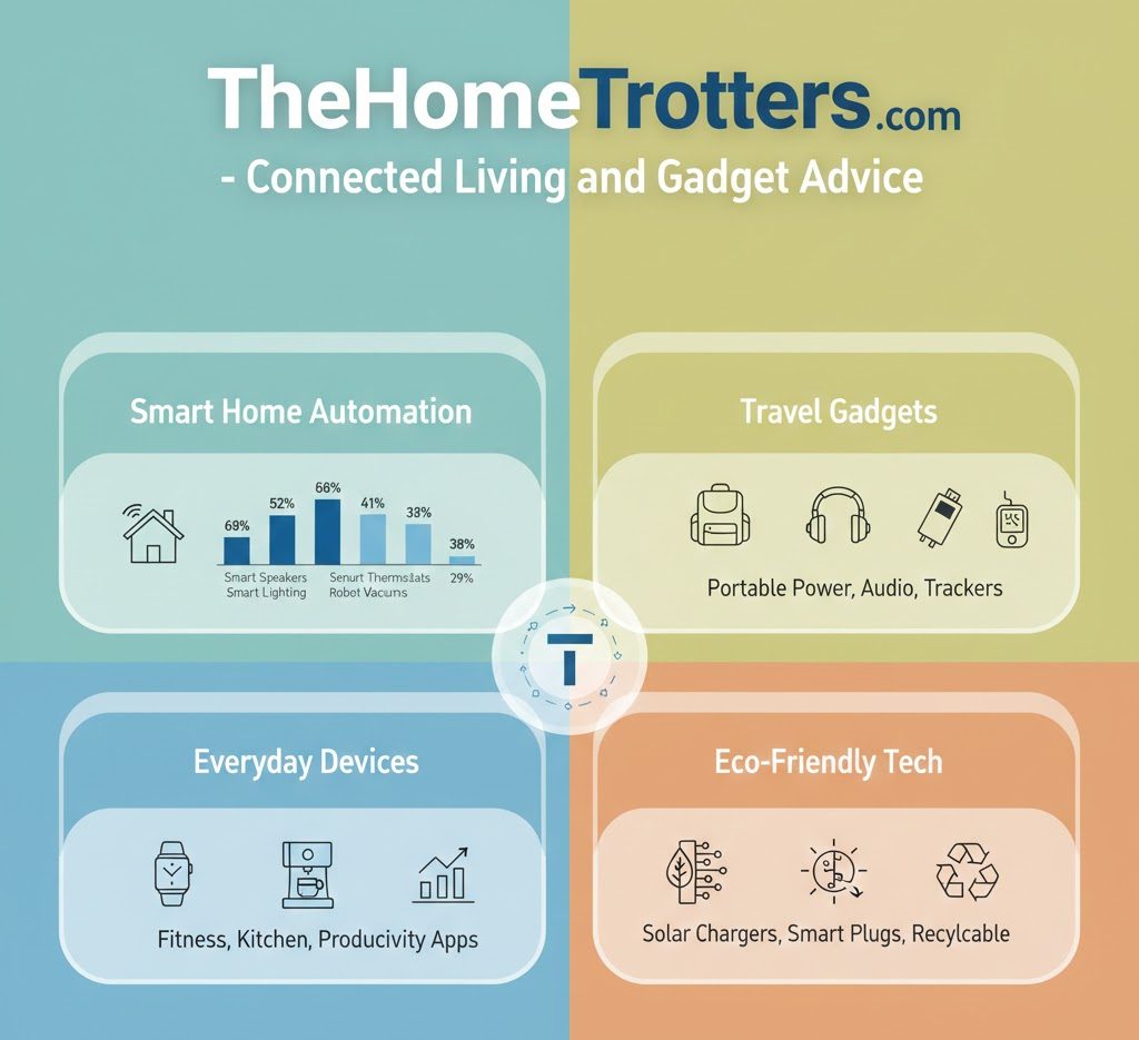 Infographic highlighting TheHomeTrotters.com gadget advice, smart home adoption stats, travel gear reviews, eco-friendly tech, and global smart home market projections.