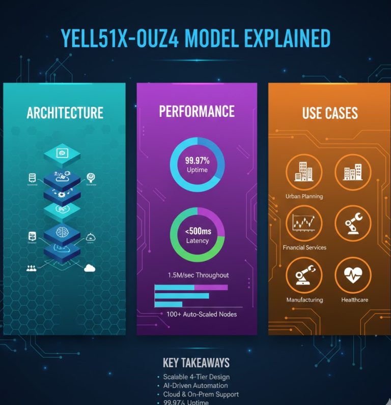 Infographic explaining the Yell51x-Ouz4 model architecture, performance benchmarks, reliability metrics, and real-world industry use cases.