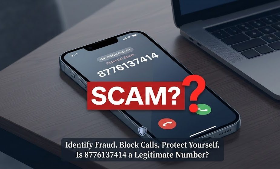 Infographic warning that 8776137414 is a scam number impersonating T-Mobile, showing complaint statistics and fraud report data charts