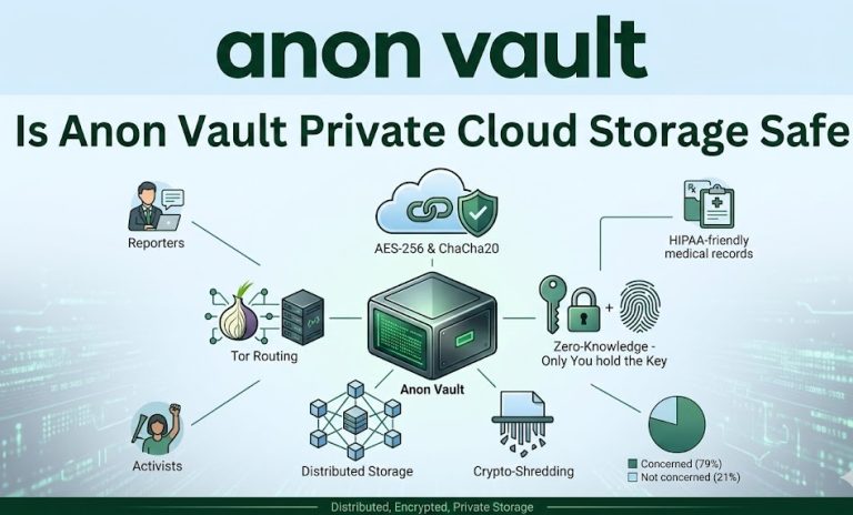 Anon Vault private cloud storage dashboard showing encrypted file protection, anonymous uploads, and secure data privacy features