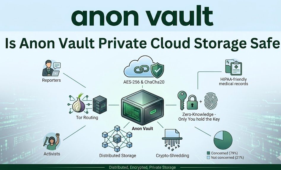 Anon Vault private cloud storage dashboard showing encrypted file protection, anonymous uploads, and secure data privacy features