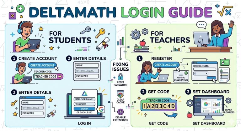 DeltaMath login guide showing student and teacher sign-in steps, account setup, dashboard overview, and common login issues.