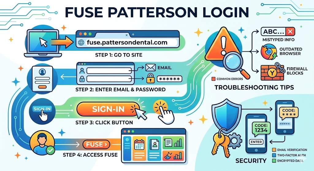 Infographic-style guide explaining how to use the Fuse Patterson Login system, including sign-in steps, password reset process, dashboard features, security measures, common login errors, and support options.