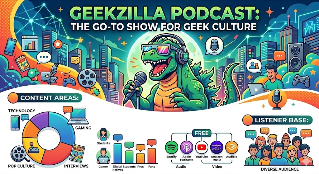 Infographic of GeekZilla Podcast showing tech, gaming, and pop culture coverage, audience breakdown, and listener growth from 2021–2026 across platforms like Spotify and YouTube.