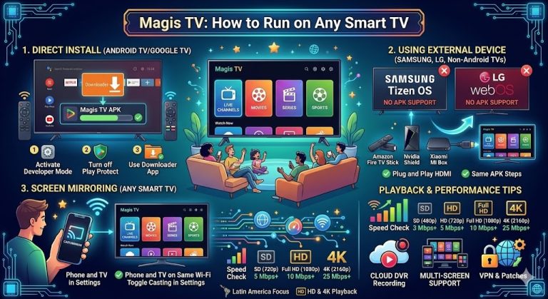 Infographic showing how to run Magis TV on smart TVs, including installation methods, smart TV OS market share, and recommended internet speeds for streaming.