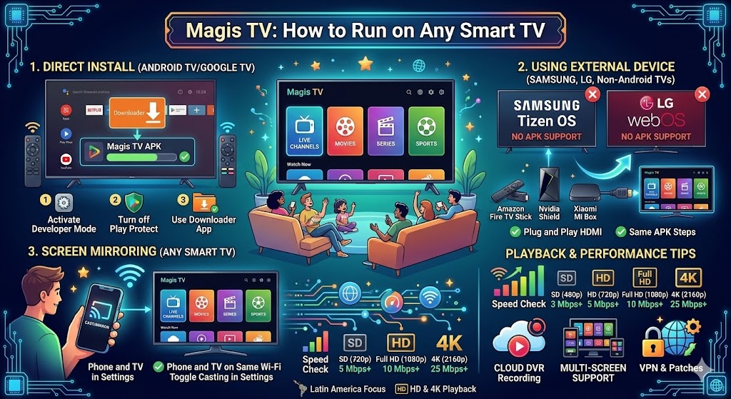Infographic showing how to run Magis TV on smart TVs, including installation methods, smart TV OS market share, and recommended internet speeds for streaming.