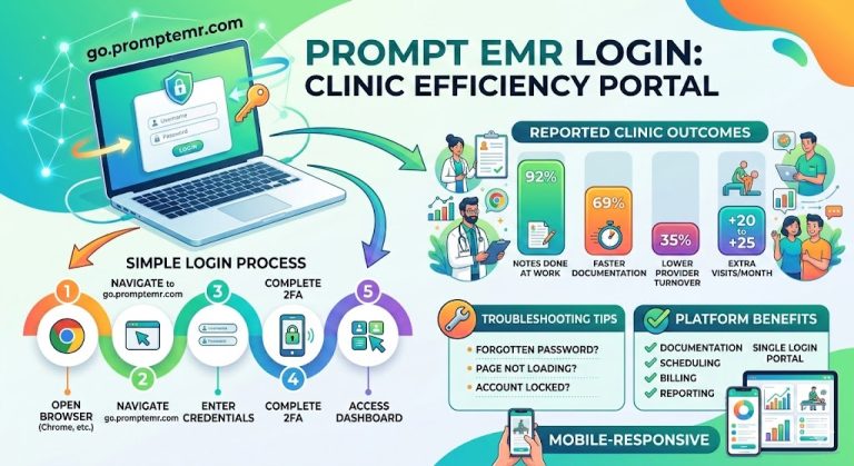 Infographic explaining Prompt EMR login steps, troubleshooting tips, platform features, patient portal access, and U.S. EHR adoption trends.