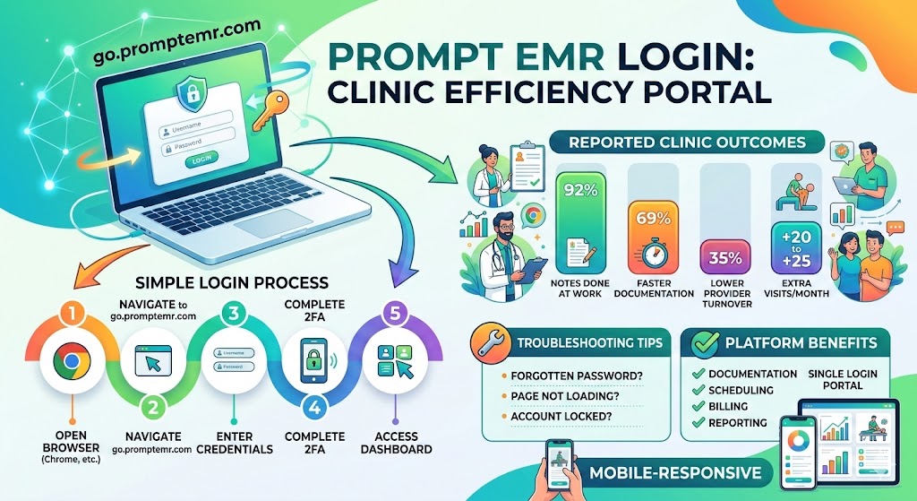 Infographic explaining Prompt EMR login steps, troubleshooting tips, platform features, patient portal access, and U.S. EHR adoption trends.