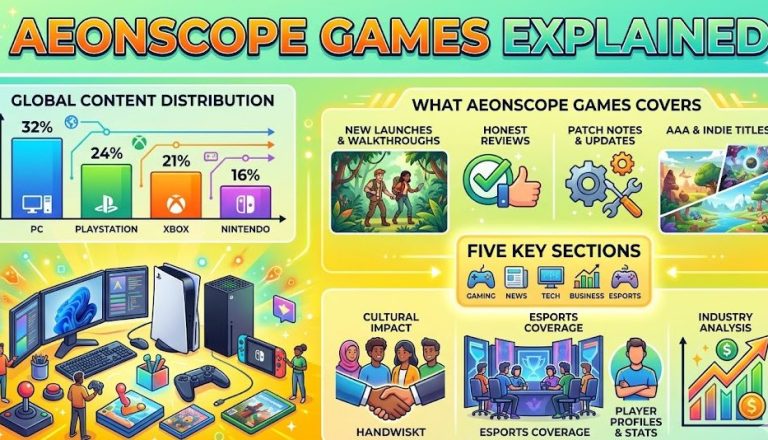 Aeonscope Games Explained webpage showing gaming coverage, tables, and platform distribution charts