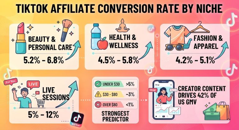 TikTok affiliate conversion rate by niche chart comparing beauty, health, and fashion benchmarks in 2026