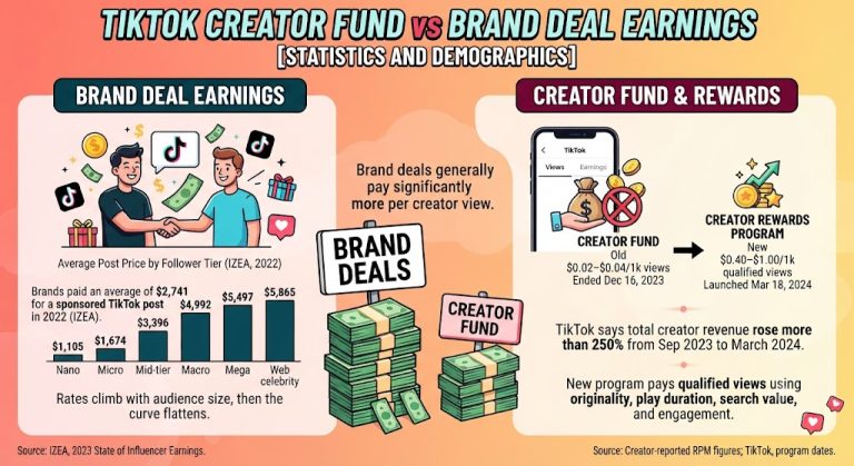 Comparison chart of TikTok Creator Fund payouts versus brand deal earnings by creator size.