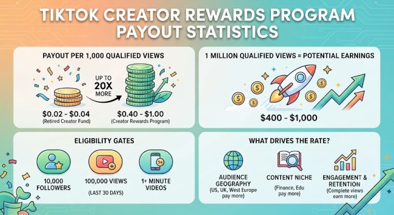 TikTok Creator Rewards Program payout comparison showing RPM rates, eligibility requirements, and qualified view statistics for 2026.