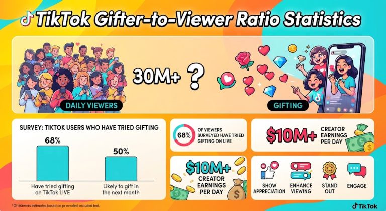TikTok LIVE gifting statistics showing daily viewers, gifting survey results, creator revenue distribution, and watch time trends in 2026.