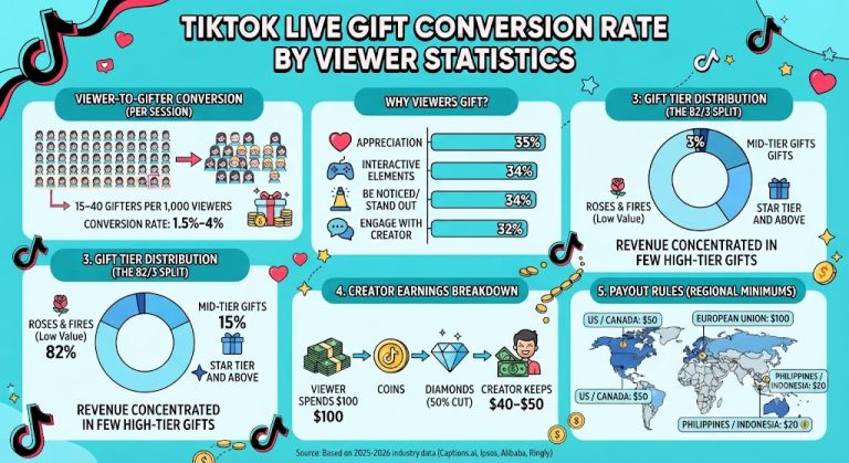 TikTok Live gift conversion rate chart showing 15–40 gifters per 1,000 viewers (1.5%–4% conversion).