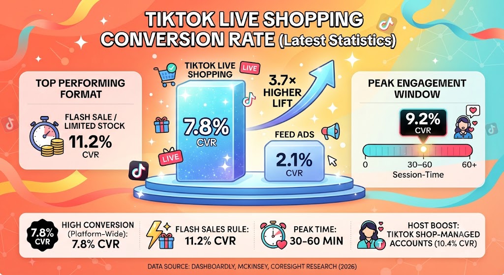 TikTok Live shopping conversion rate statistics comparing session length, content formats, host types, and revenue in 2026.