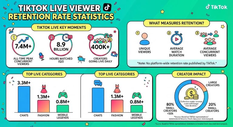 TikTok LIVE viewer retention statistics highlighting 7.4 million peak viewers, 8.9 billion watch hours, and top LIVE category performance in 2026.