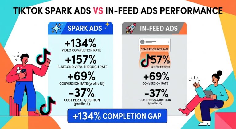 TikTok Spark Ads vs In-Feed Ads performance comparison showing completion rates, conversion gains, and ad benchmarks.