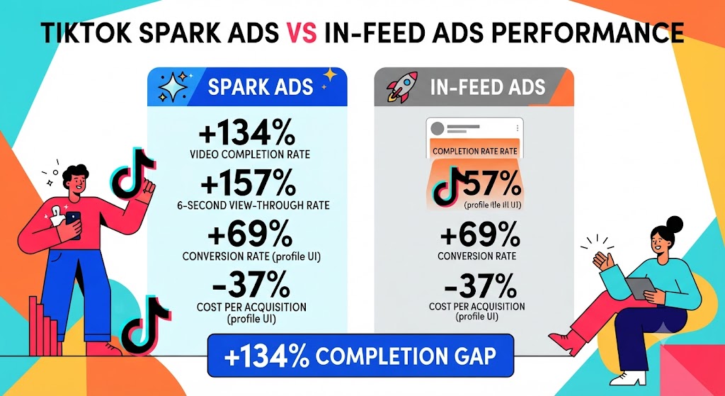 TikTok Spark Ads vs In-Feed Ads performance comparison showing completion rates, conversion gains, and ad benchmarks.
