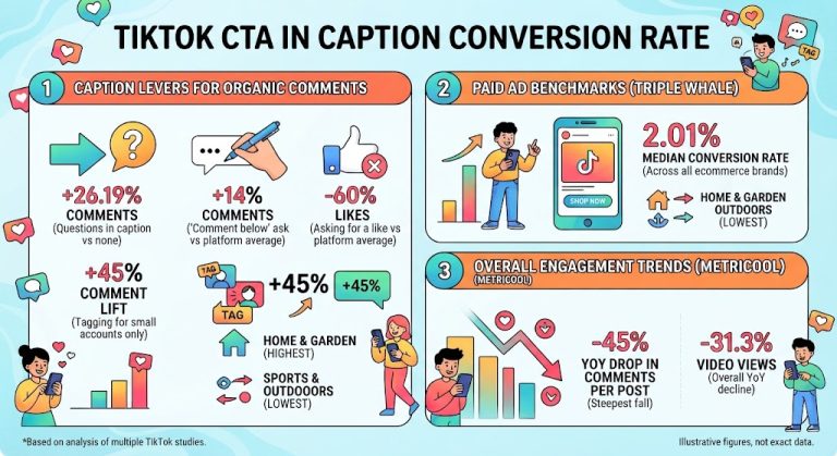 TikTok CTA conversion rate statistics for 2026, including comment lifts, engagement declines, and paid ad conversion benchmarks from Metricool and Triple Whale.