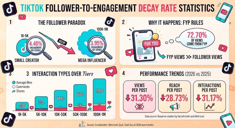 TikTok follower-to-engagement decay rate statistics for 2026, with benchmark data by follower tier, engagement rates, reach, growth and posting frequency.