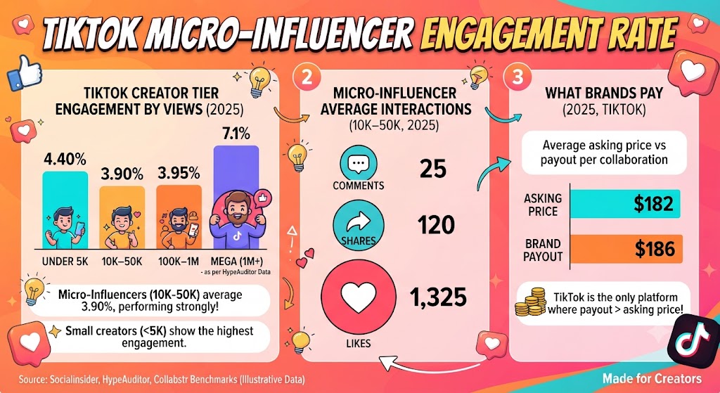 TikTok micro-influencer engagement rate statistics chart comparing follower tiers, engagement rates, payouts, and 2026 benchmarks.