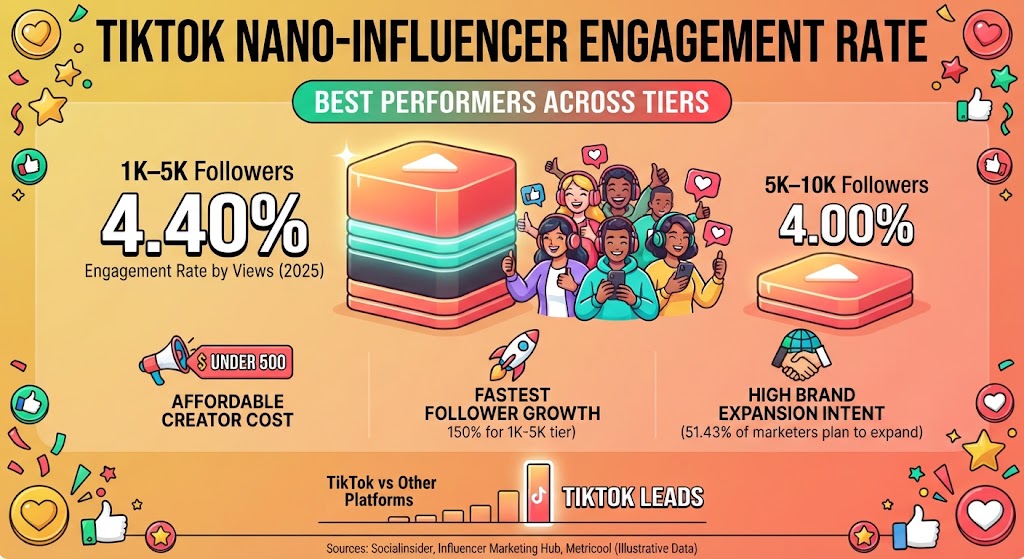 TikTok nano-influencers averaged a 4.40% engagement rate by views in 2025, the highest among account sizes tracked by Socialinsider. The 1K–5K tier also averaged 350 views per post, while 51.43% of surveyed marketers planned to increase nano-creator use in 2026.
