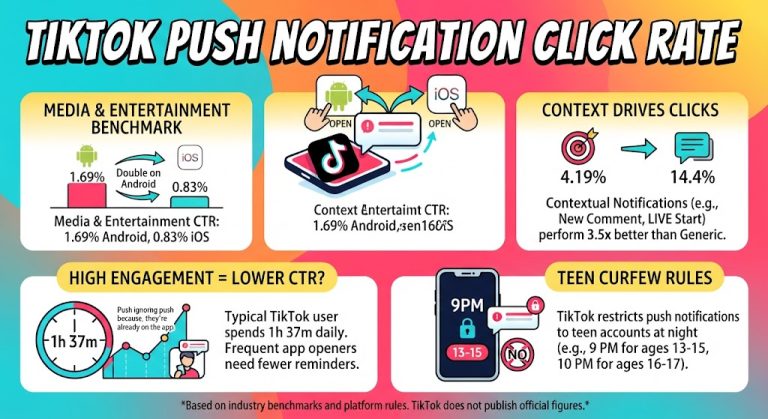 TikTok push notification click rate benchmarks and engagement statistics for 2026.
