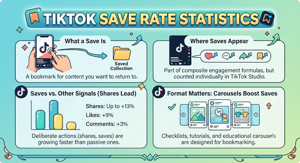 TikTok save rate statistics 2026 showing engagement benchmarks, account size trends, and save-related performance charts.
