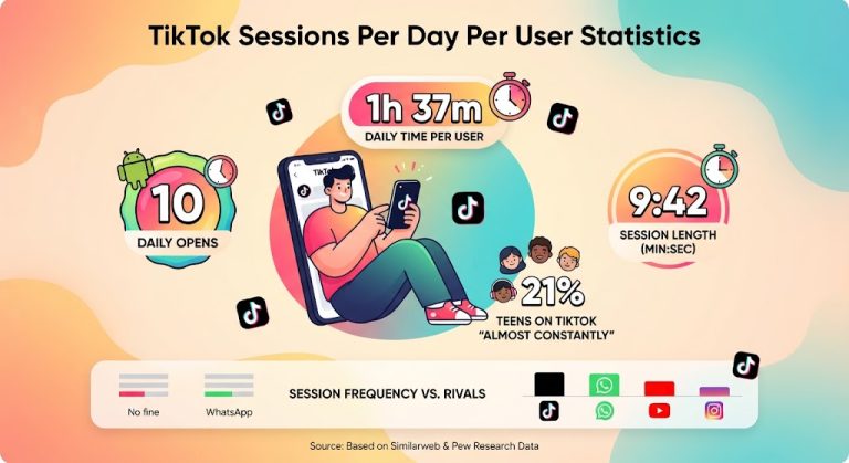 TikTok session statistics showing daily app opens, session duration, user time, and teen usage trends in 2026.