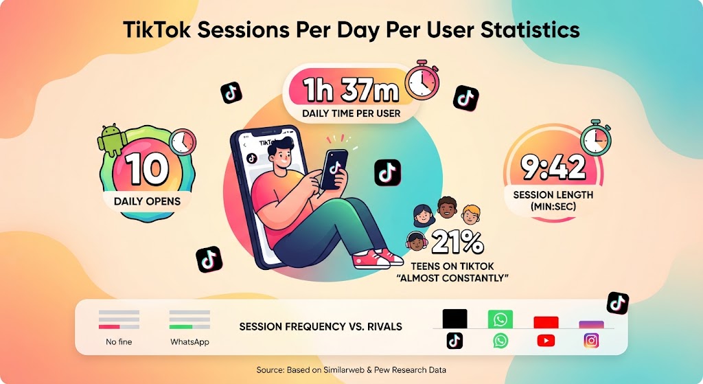 TikTok session statistics showing daily app opens, session duration, user time, and teen usage trends in 2026.