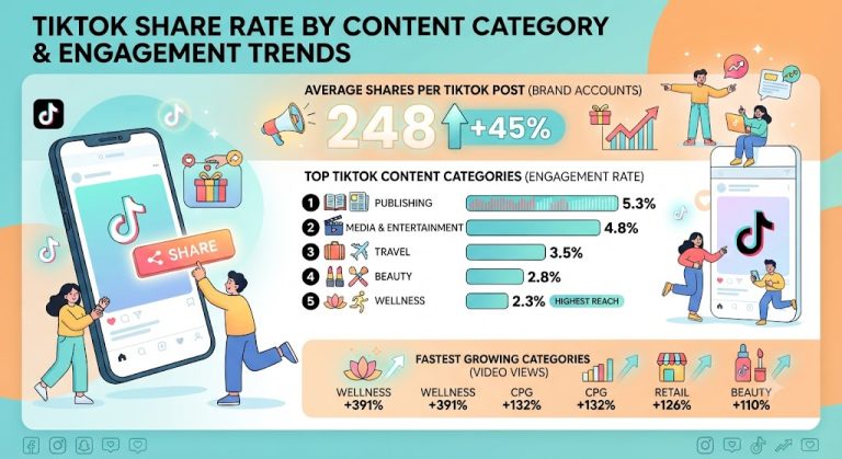 TikTok share and engagement statistics by content category in 2026.
