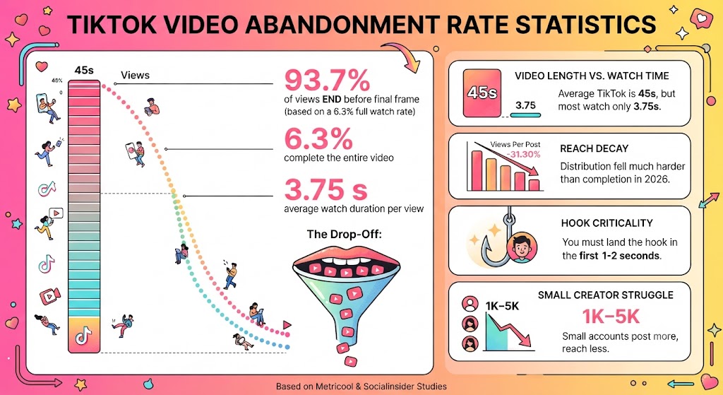 Chart showing TikTok video abandonment rate, watch time, and completion statistics for 2026.