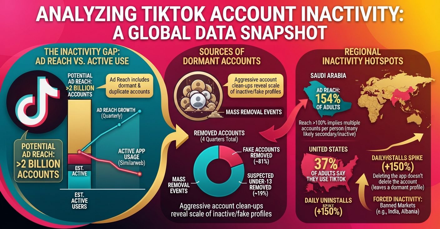 TikTok account inactivity statistics showing ad reach, usage gaps, account removals, and country-level differences.