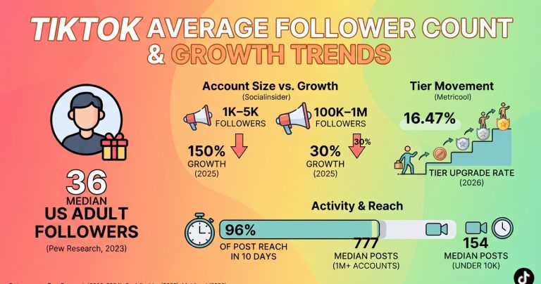 TikTok follower counts, growth rates, account sizes, and posting frequency statistics for 2026.