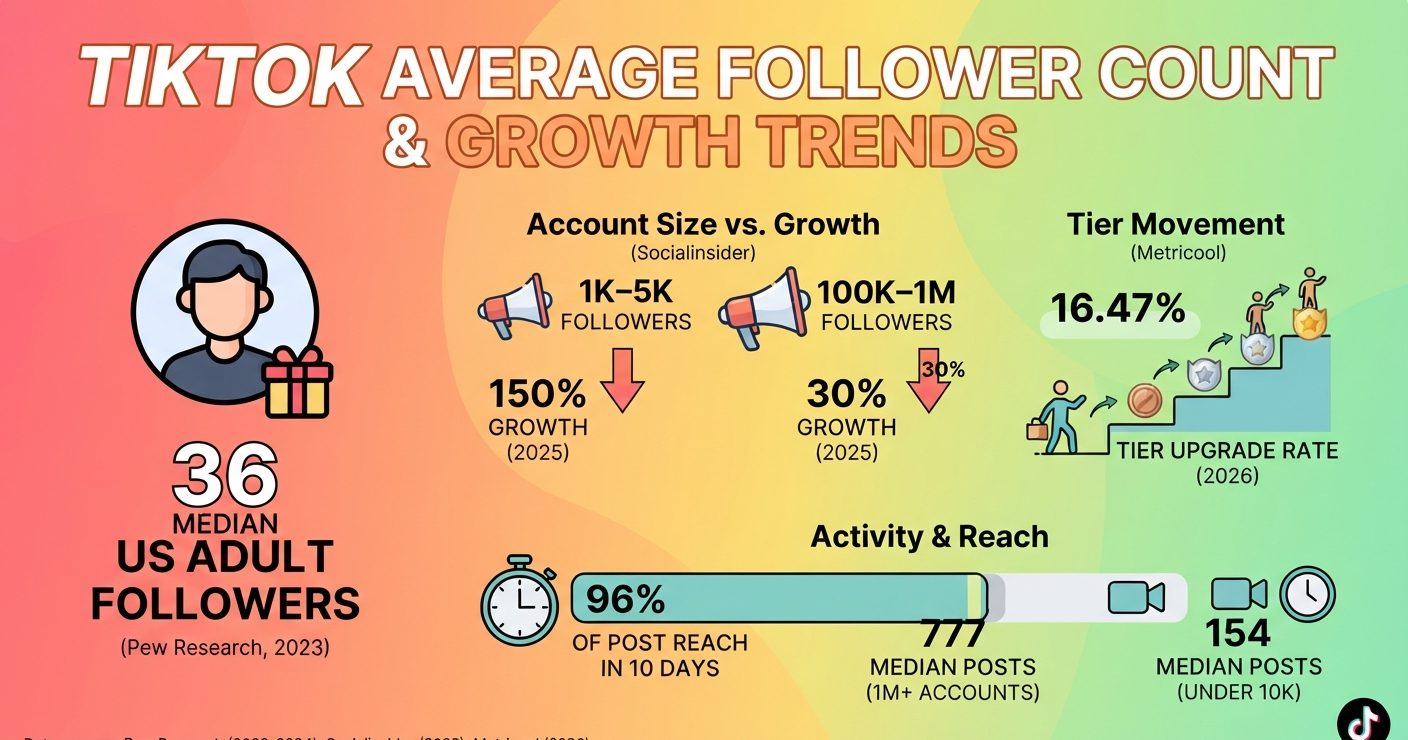 TikTok follower counts, growth rates, account sizes, and posting frequency statistics for 2026.