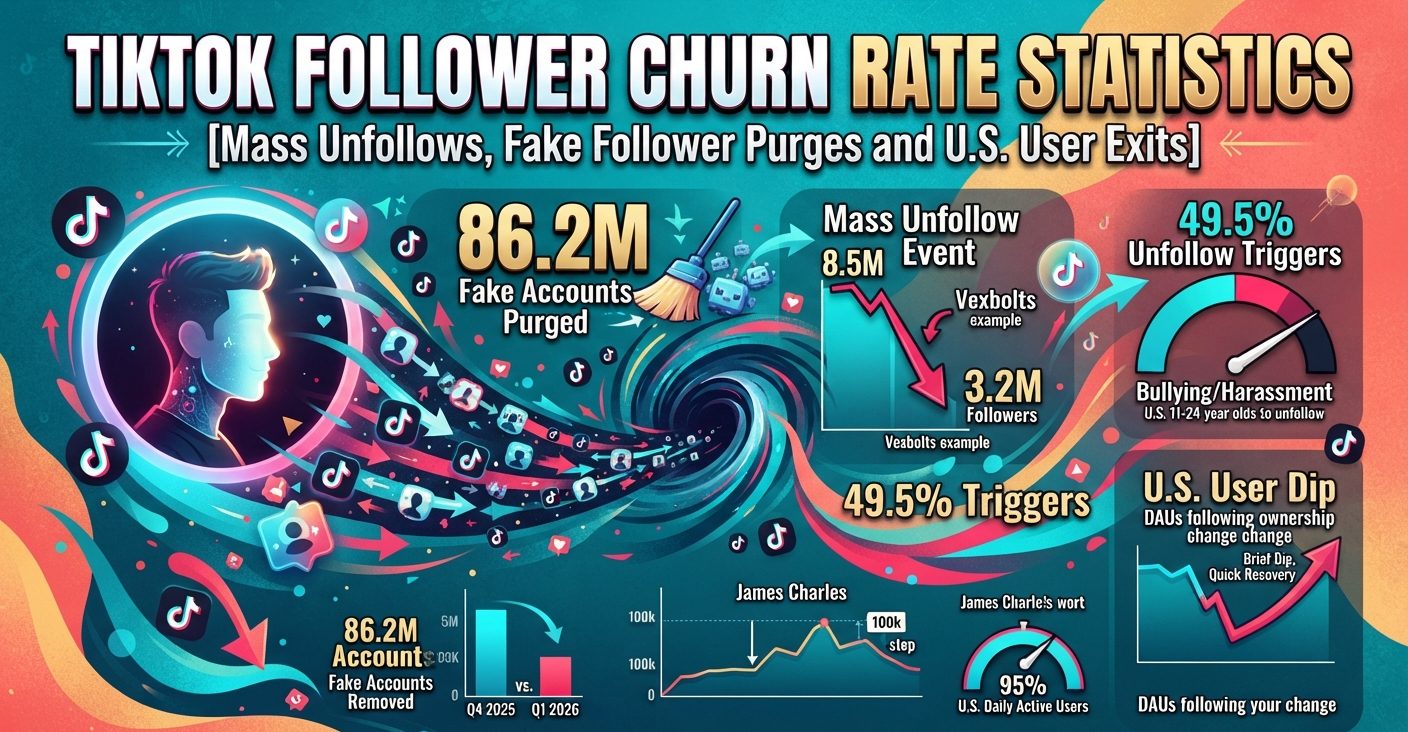 TikTok follower churn statistics covering mass unfollows, fake account removals, creator backlash, and U.S. user changes.